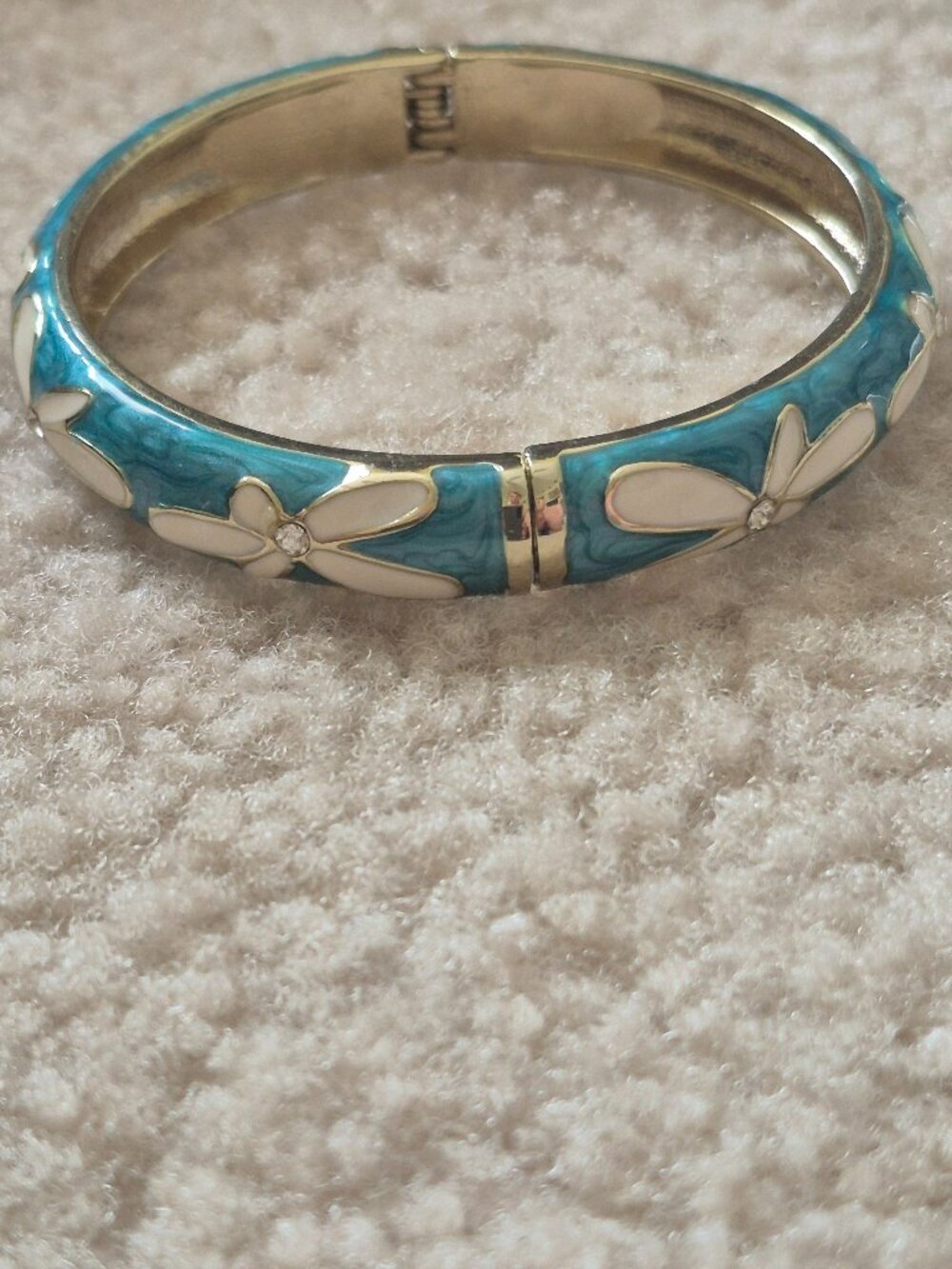 Aolani Turquoise Enamel Bangle Bracelet Plumeria Flower w/Cubic Zirconia Mint!